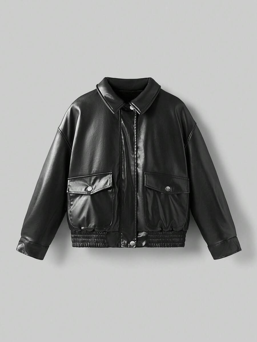 Maija Kids Maija Kids Jaket Kulit PU Berkerah Warna Polos untuk Remaja Perempuan, Cocok untuk Musim Gugur/Dingin - Hitam - View 1
