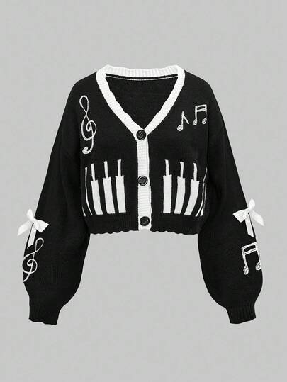 Kawaii Women's Autumn Musical Note Pattern Bow Decor Long Sleeve Single-Breasted Knit Cardigan
