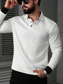 Manfinity CasualCool Herren Kontrast-Farbiges, strukturiertes Langarm Lässig Pendler Weiß Langarm Poloshirt, Old Money, Herbst - Schwarz und Weiss - Übersicht 3