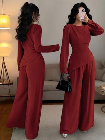 SHEIN Raffinéa 2pcs Women Solid Color Fold Hem Asymmetrical Hem Long Sleeve Set Modest Two Piece Set Red Sets For Women Two Piece Set Women Elegant Long Sleeve Jumpsuits For Woman Women Jumpsuits Elegant