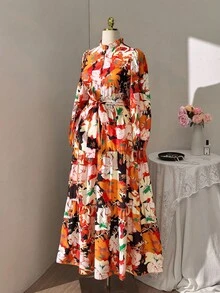 Sweetra Damen Große Größen elegantes romantisches Blume Muster Rüschenkragen Puffärmel Gürtel Schleife Lagen-Volantrock Halb offene Front Elastischer Bund Lässig Langarm Party Maxikleid - Verschiedenfarbig - Übersicht 7