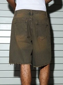 PAVTROS Men's Solid Color Frayed Edge Pocket Loose Casual Denim Shorts - Blue - View 2