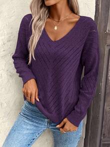 EMERY ROSE 女士宽松休闲镂空几何纹理V领毛衣 - 紫色 - 查看 7