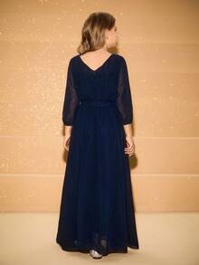 女童雪纺七分袖蝴蝶结连衣裙，适合花童、婚礼、舞会、生日派对、圣诞节、万圣节、返校、毕业典礼 - 藍色 - 查看 2