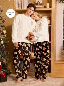 CoupledUp 熊图案趣味法兰绒男士情侣睡衣套装，秋冬装，蓬松舒适 - 彩色 - 查看 5