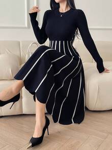 DAZY 女式优雅拼色条纹毛衣裙，秋季 - 藏蓝色 - 查看 3