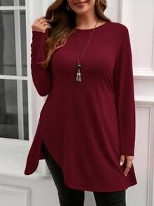 EMERY ROSE Áo thun dài cài nút viền bất đối xứng màu đỏ cỡ lớn, quần áo nữ mùa thu - Màu Đỏ Sâu - Xem 6