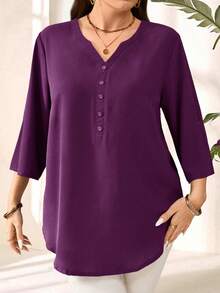 Plus Size Women's Purple Red 3/4 Sleeve Blouse, Early Spring/Fall/Winter - Purple - View 5