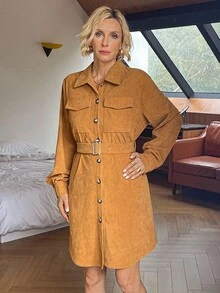 Vivie Lora Women's Corduroy Shirt Dress With Belt, Mid-Length School - Orange - View 4