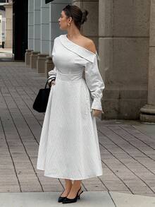 Siren Gaze Women's Autumn Fall Clothes For Women 2025 New Elegant Old Money Style Off-Shoulder White Striped Print Asymmetric Shirt Dress, Casual Luxury Long A-Line Dress With Waistband For Party, Wedding, Work, Commute, Daily Outings, Halloween, Christmas, New Year Bride Formal Elegant White Dress Wedding Guest White Striped Midi Dress Casual Midi Dress White Long Dress One Shoulder Long Sleeve Dress Winter Chic