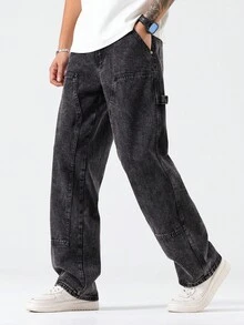 Manfinity Hypemode 男士休闲日常斜口袋宽松直筒牛仔裤 - 灰色 - 查看 1