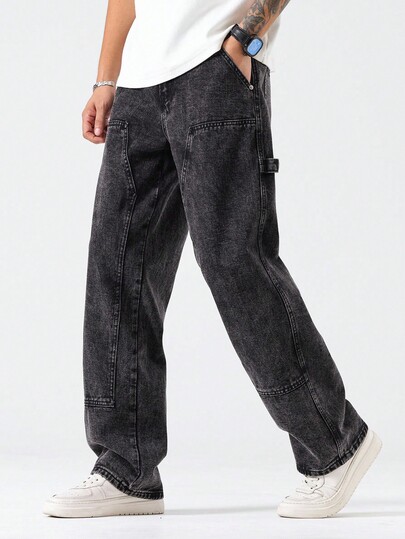 Manfinity EZcore Men's Casual Everyday Slant Pocket Loose Straight Leg Jeans Baggy Jeans Men Black Carpenter Pants