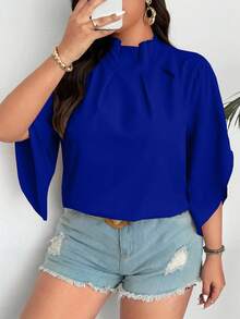 SHEIN Clasi 大码女式纯色立领七分袖宽松时尚衬衫 - 寶藍色 - 查看 1