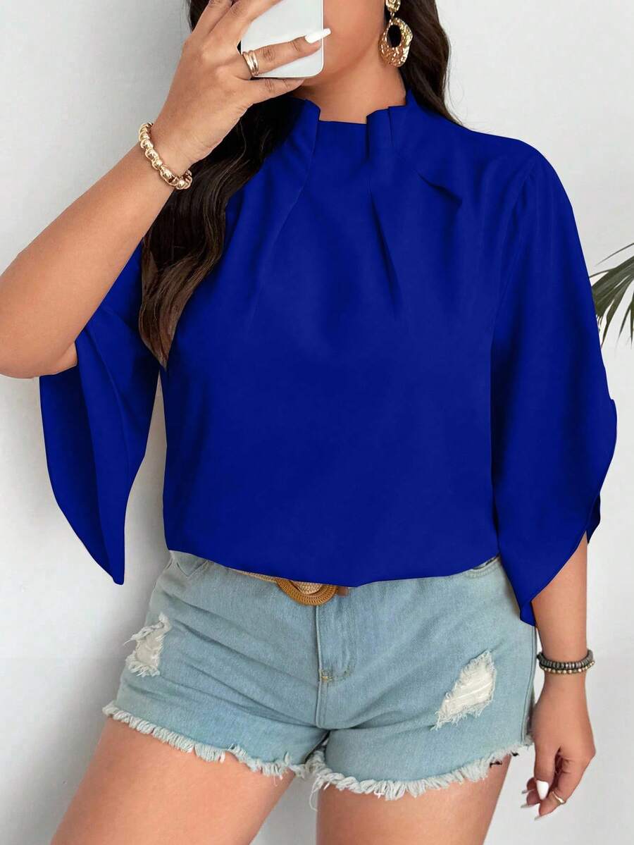 SHEIN Clasi 大码女式纯色立领七分袖宽松时尚衬衫 - 寶藍色 - 查看 1