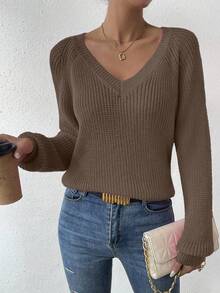 EMERY ROSE Women's Casual Solid Color V-Neck Raglan Sleeve Sweater, Autumn/Winter - Coffee Brown - View 5