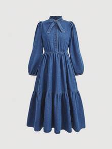 Teen Girl Blue Denim Ruffle Collar Puff Sleeve Dress,Elegant Cinched-Waist Dress,Long-Sleeved Denim Dress,Fall Clothes,Autumn Clothes ,Casual And Fashionable Vacation Outfits,Homecoming Dress,Hoco Dressses Winter - Dark Wash - View 3