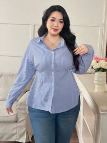 Modelyn Plus Size Casual Commuter Striped Waist Shirt - Blue - View 3
