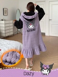 HELLO KITTY AND FRIENDS | SHEIN DAZY 女士加厚抓绒卡通图案刺绣撞色荷叶边连帽长款宽松睡袍，冬季蓬松睡衣 - 紫色 - 查看 1