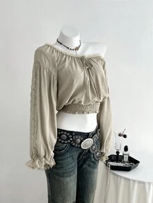 SHEIN Unity 露肩蕾丝拼布灯笼袖衬衫 - 卡其色 - 查看 5