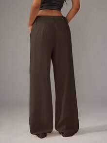 SHEIN Tall Women's Casual Solid Color Loose Wide Leg Pants, Suitable For Commuting - Mocha Brown - View 2