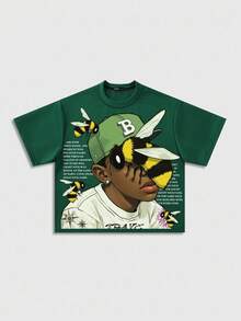 ROMWE MEN Street Life Men's Loose Dropped Shoulder Short Style Printed T-Shirt - Dark Green - View 1