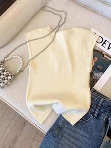SHEIN Frenchy Women's White Floral Elegant Knit Top,3D Floral Decor Fitted Summer Casual Everyday Wear,Minimalist Fashion Solid Color Date Night Tops - Beige - View 2
