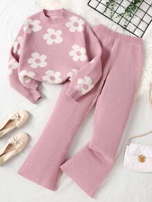 SHEIN 青少年女孩休闲粉色花卉提花宽松套头衫和喇叭裤套装，适合居家和户外，秋冬季