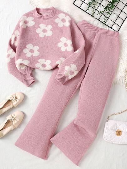 SHEIN 青少年女孩休闲粉色花卉提花宽松套头衫和喇叭裤套装，适合居家和户外，秋冬季