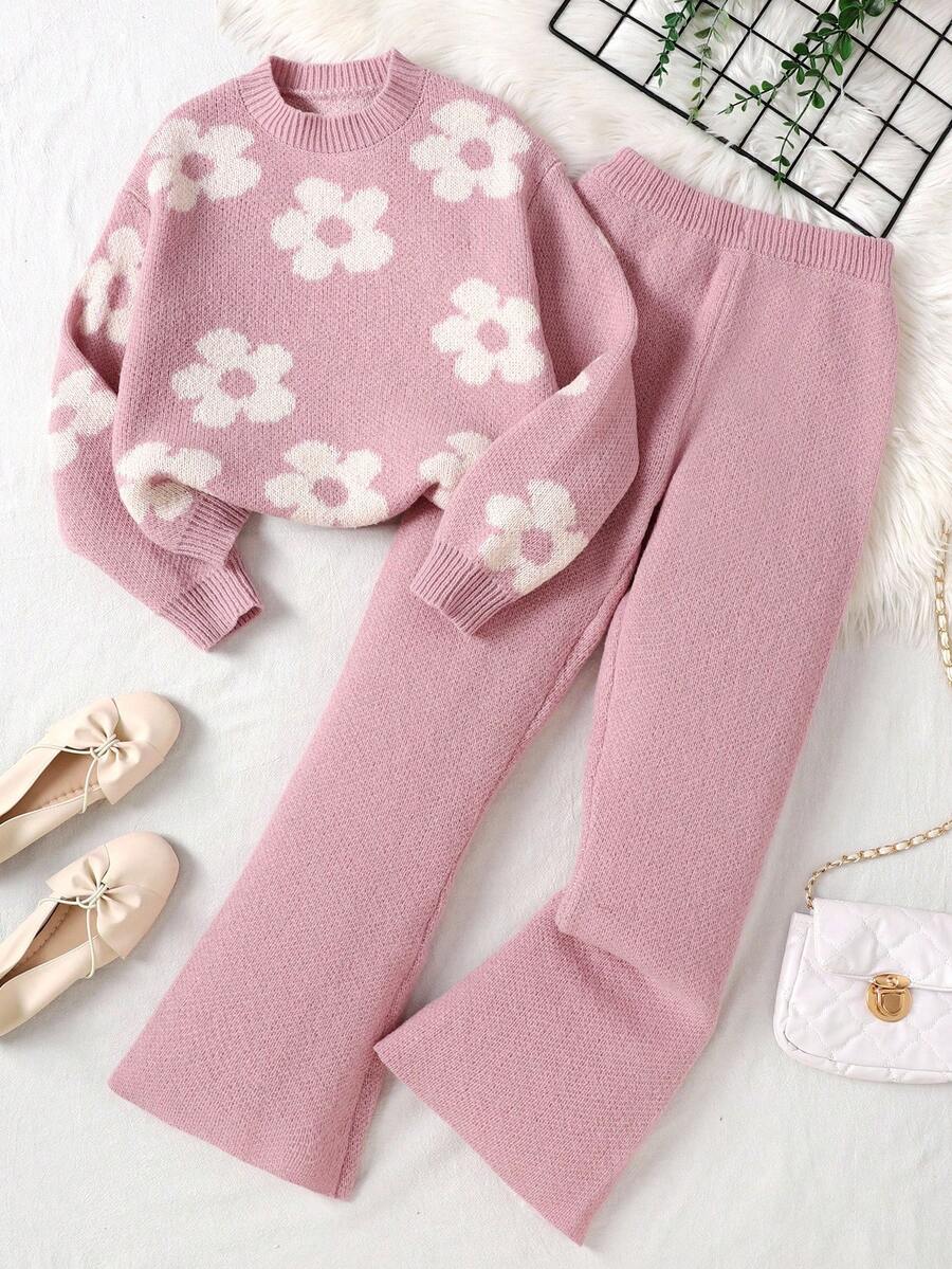 SHEIN 青少年女孩休闲粉色花卉提花宽松套头衫和喇叭裤套装，适合居家和户外，秋冬季