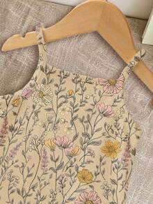 SHEIN LMoss Kids 可愛波西米亞碎花女嬰連身褲 米色 夏季 莊重 度假休閒 秋季穿搭 舒適好穿 時尚圖案服飾 返校季 - 彩色 - 查看 3
