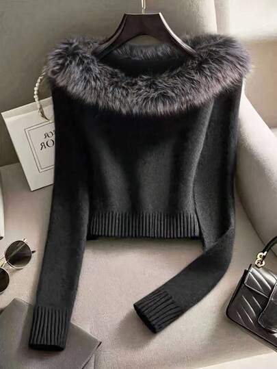 Franclia 女式简约时尚毛领拼接插肩袖纯色针织套头衫，秋冬