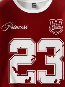 SHEIN EZwear Casual Minimalist Number 23 & Bow Print Round Neck Short Sleeve Loose Women T-Shirt,Red Top