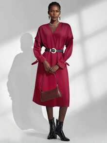 Almamuse 女士优雅宽松长袖酒红色长款开衫 - 酒紅色 - 查看 3