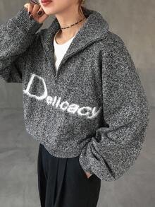 FRIFUL Women's Half-Zip Polo Collar Letter Print Contrast Color Loose Thick Fleece Sweater - Grey - View 4
