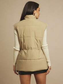 Silquee Abrigo casual acolchado de unicolor con cuello alto y sin mangas, con cordón en la cintura, para invierno - Caqui - Ver 2