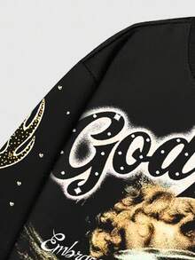 ROMWE MEN Street Life Áo thun nam dài tay màu đen cỡ lớn họa tiết ngọn lửa mắt và đá quý tròn, trang phục dạo phố thường ngày, mùa thu - màu đen - Xem 5