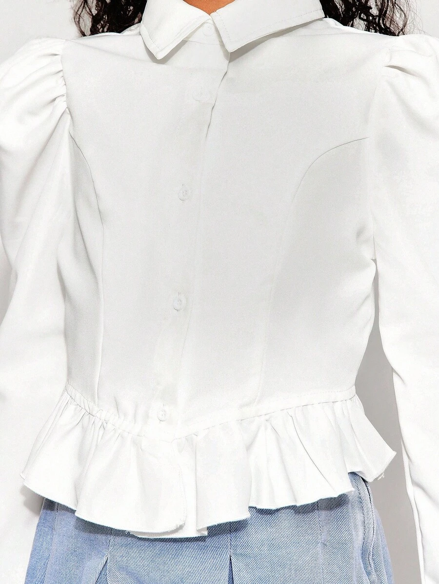 Radiana Tween Mädchen Lockere, lässige, minimalistische, bequeme Bluse mit Laternenärmeln, Rüschen und Puffärmeln, weiße Langarmbluse