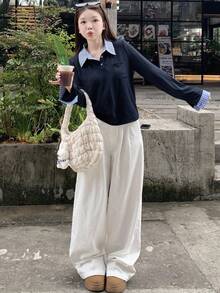 DAZY Women Polo Long Sleeve T-Shirt In Solid Color,Fall Clothes