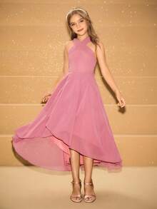 Girls' Round Neck Sleeveless Dress, Elegant Ruffle Hem Party Dress For Halloween, Christmas - Pink - View 6
