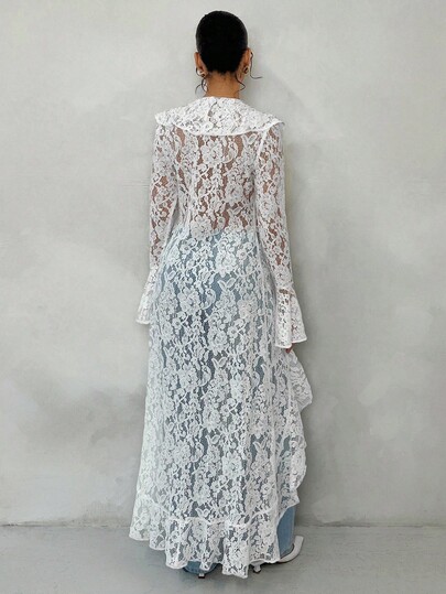 Glamine White Summer Elegant Date Women's Lace Top, Vacation Ruffled See-Through Long Thin Coat,Business Casual Boho Cardigan,Spring & Summer