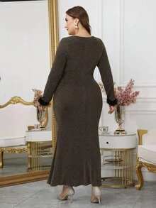 Modelyn Plus Size Elegant Fitted Solid Color Long Sleeve Dress With Crystal Decoration - Multicolor - View 2