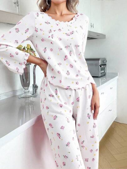 少女简约碎花罗纹长袖上衣和裤子舒适两件套睡衣套装