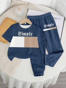 2件套年轻男孩休闲简约蓝色圆领短袖上衣和裤子套装 - 白色 - 查看 3