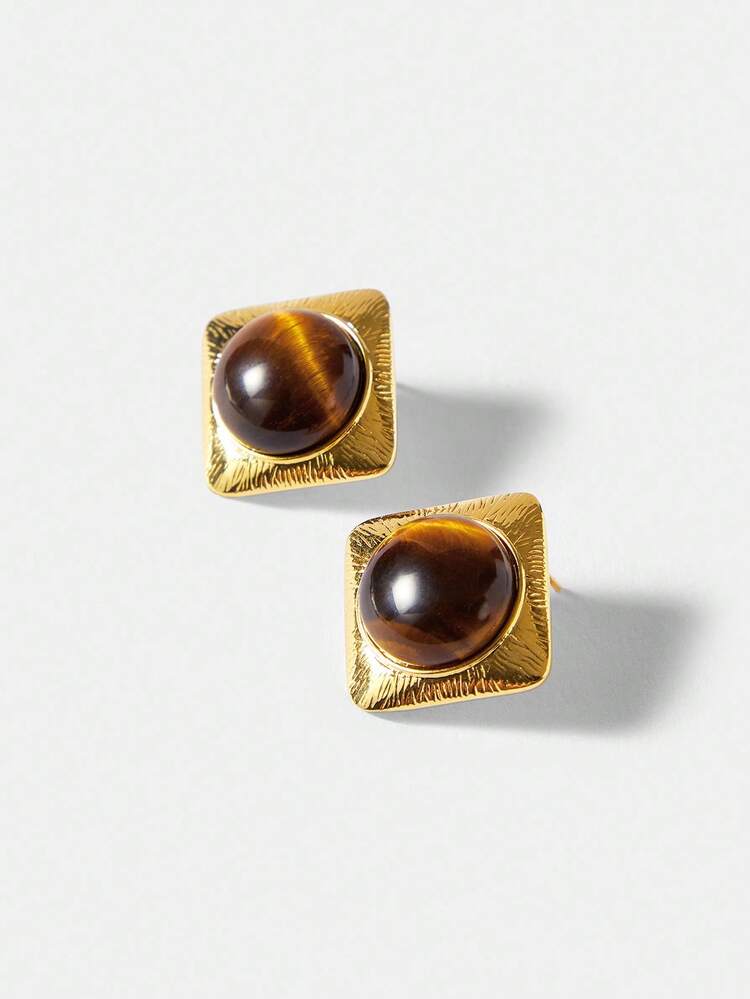 SQUARE TIGER EYE STUD EARRINGS