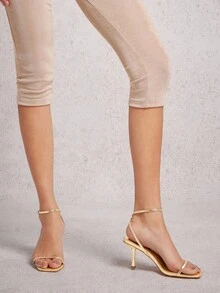 SHUZIA New Ladie's Fashionable Light Gold Ankle Strap Buckle Square Toe Mid Heel Party Spring Summer Heeled Sandals For Christmas - Gold - View 3