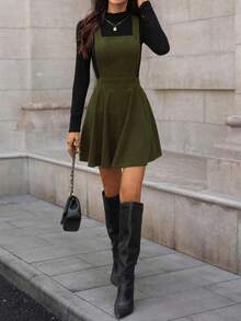 SHEIN LUNE Vestido casual de mujer de unicolor con tirantes de pana - Verde - Ver 5