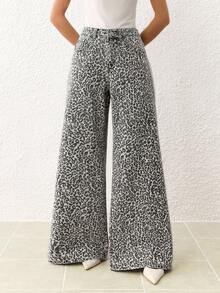 SHEIN Essnce 女式豹纹口袋阔腿宽松休闲牛仔裤 - 灰色 - 查看 4