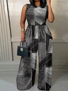 Slaydiva Casual Patchwork Pattern Round Neck Sleeveless Jumpsuit, Plus Size Jumpsuit, For Autumn, For Summer Suitable For Going Out - Dark Grey - View 4