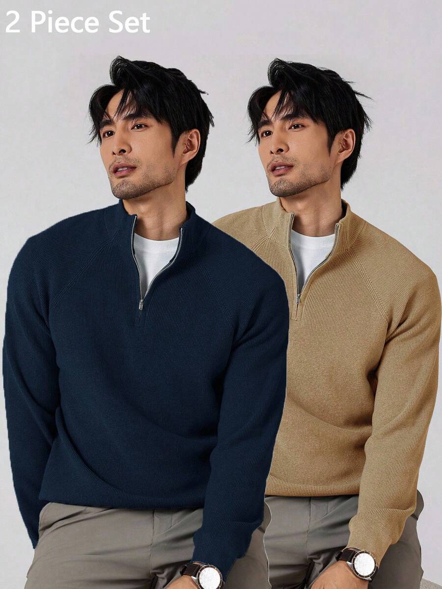 Manfinity Homme 2pcs Set Men's Casual Solid Color Long Sleeve Sweater Mens Sweaters Mens Knitwear Mock Neck Men Mens Fall Collection Mens Mock Neck Sweater - Multicolor - View 1