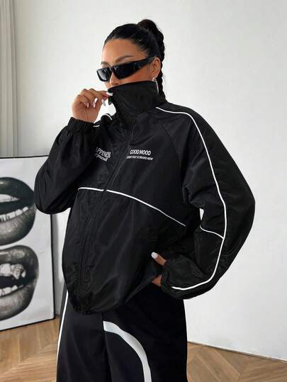 SHEIN EZwear Women's Fall Casual Zip Up Black Woven Jacket Cover Up Jacket Wind Breaker Jacket Oversized Jacket Jacket Y2k Windbreaker Jacket